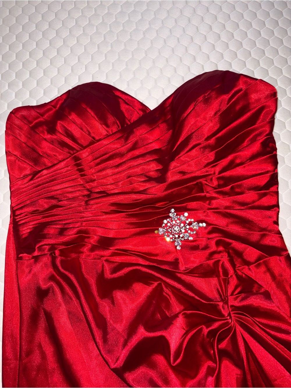 Aspeed Red Strapless Satin Evening Dress with Rhinestone Accent